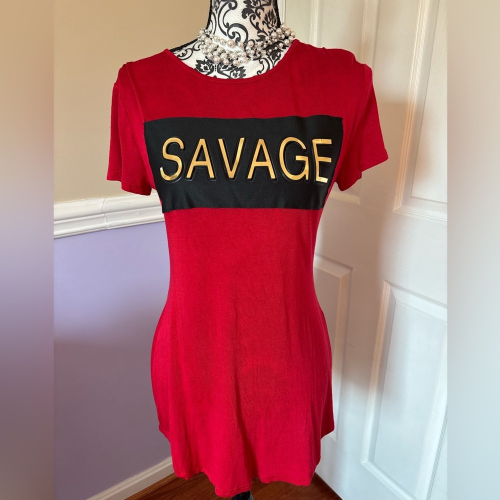 HAUTE MESS - Red with gold Graphic SAVAGE T-Shirt Dress, size Medium.
